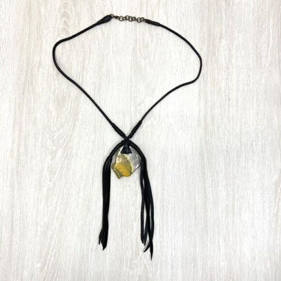 Bumblebee Jasper And Leather Necklace Rough Cut Pendant 14” Chain Drop Large - Picture 4 of 12